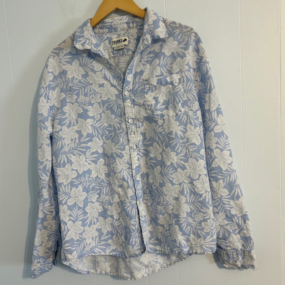 Trunks Surf & Swim Co Womens Large Blue Floral Linen Blend Button Down Shirt L/G